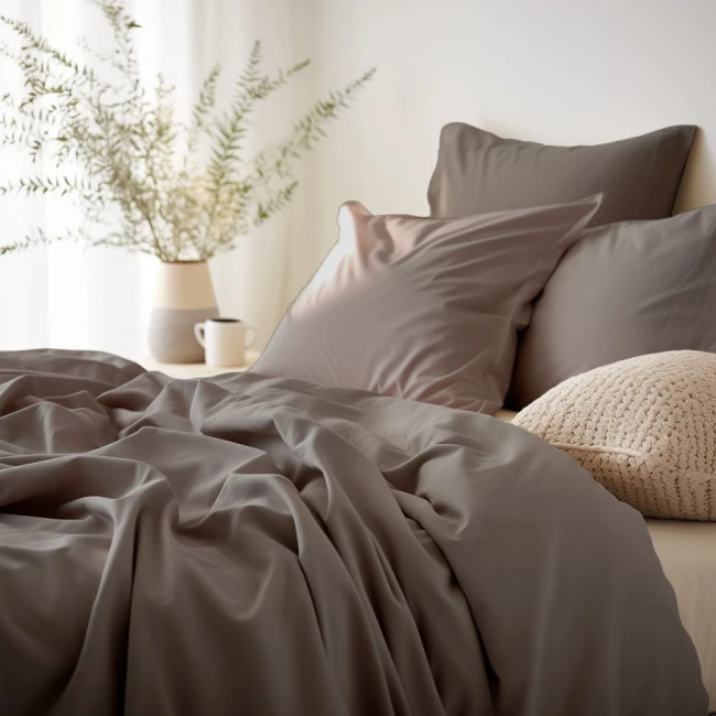 Poszewka satynowa 50x70 w kolorze sepia leży na łóżku, obok niej znajdują się dwa poduszki. Tkanina ma gładką, błyszczącą fakturę. W tle widoczne są delikatne rośliny oraz filiżanka, co tworzy przytulną aranżację.