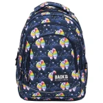 Plecak szkolny BackUp w kolorze granatowym z wzorem papug w intensywnych kolorach. Ujęcie frontalne, z zamkiem błyskawicznym z przodu.