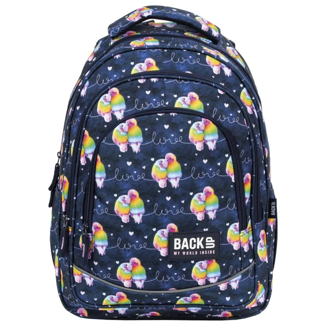 Plecak szkolny BackUp w kolorze granatowym z wzorem papug w intensywnych kolorach. Ujęcie frontalne, z zamkiem błyskawicznym z przodu.