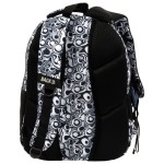 Plecak szkolny BackUp w czarno-białym wzorze, z dominującym żywym motywem w formie okręgów. Ujęcie z boku, pokazujące regulowane szelki i boczną siatkę wentylacyjną. Z przodu widoczne zakonserwowane logo BACKS. Wykonany z materiału syntetycznego.