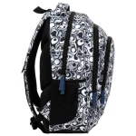 Plecak szkolny BackUp w czarno-białym wzorze z okręgami. Ujęcie z boku, ukazuje trzy kieszenie zapinane na zamek oraz wytrzymałe, siateczkowe plecy. Regulowane, wygodne szelki z logo, wykonane z materiałów o strukturze teksturowanej.