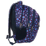 Plecak szkolny BackUp Kropki w kolorze granatowym z haftowanymi wzorami w czerwone i niebieskie kropki. Ujęcie z boku, ukazujące pięć zamków błyskawicznych oraz siatkowe wstawki. Produkt ma rączkę i regulowane szelki. Idealny dla dzieci.