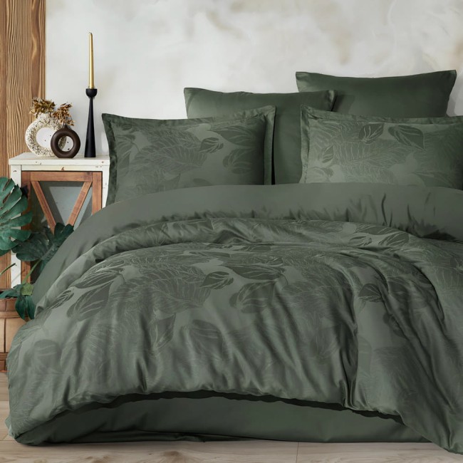  Ekskluzywna, elegancka, pościel w kolorze butelkowej zieleni żakardowa 160x200 cm w duże liście 