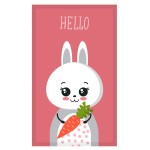 Ręcznik przedszkolny 30x50 cm w kolorze różowym, z wizerunkiem uroczego królika trzymającego marchewkę. Grafika z napisem HELLO. Produkt leżący, z wyraźnym nadrukiem na gładkim tle. Idealny dla dzieci.