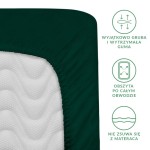 Prześcieradło satynowe z gumką 120x200 w kolorze butelkowej zieleni, złożone, z bliska pokazujące krawędzie. Widoczna gruba, elastyczna guma oraz tekstura materiału. Na tle białym, bez dodatkowych elementów.