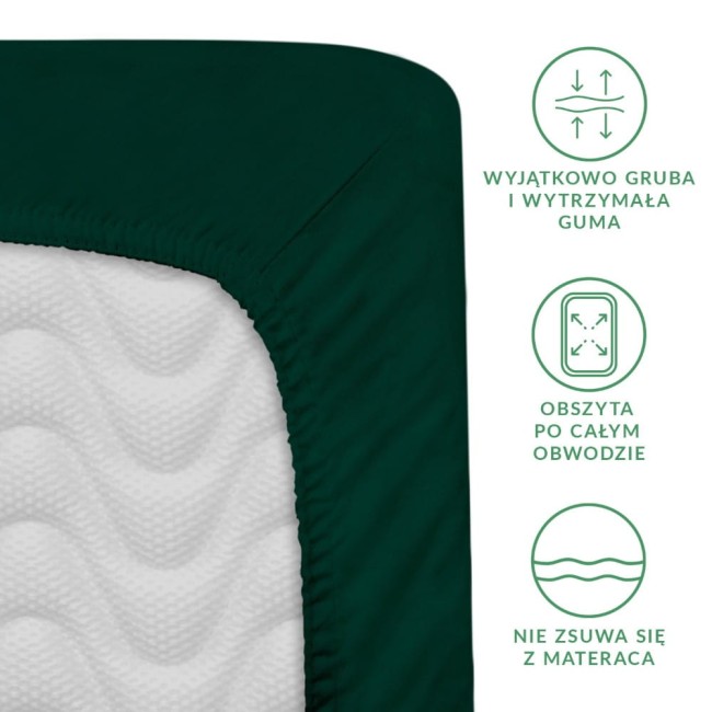 Prześcieradło satynowe z gumką 120x200 w kolorze butelkowej zieleni, złożone, z bliska pokazujące krawędzie. Widoczna gruba, elastyczna guma oraz tekstura materiału. Na tle białym, bez dodatkowych elementów.
