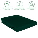 Prześcieradło satynowe z gumką 120x200 w kolorze butelkowej zieleni, leżące na białym tle, z widoczną gładką fakturą materiału. Zgniotka jest ściśnięta w sposób wizualizujący składanie. Produkt nadaje się dla delikatnej skóry.