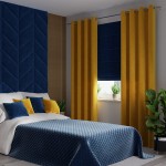 Zasłona welwetowa w kolorze szafranowym, rozłożona na oknie, wkomponowana w nowoczesną aranżację sypialni. Szerokość 140 cm, długość 260 cm, mocowana na przelotkach. W tle niebieska ściana z fakturą oraz roślinność na parapecie.