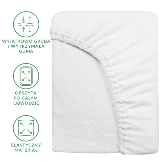 Prześcieradło frotte białe 140x200, rozłożone, z gumką obszytą po całym obwodzie. Materiał elastyczny, gładki w strukturze. Widoczne informacje dotyczące grubej gumy i elastyczności. Tło białe, proste.