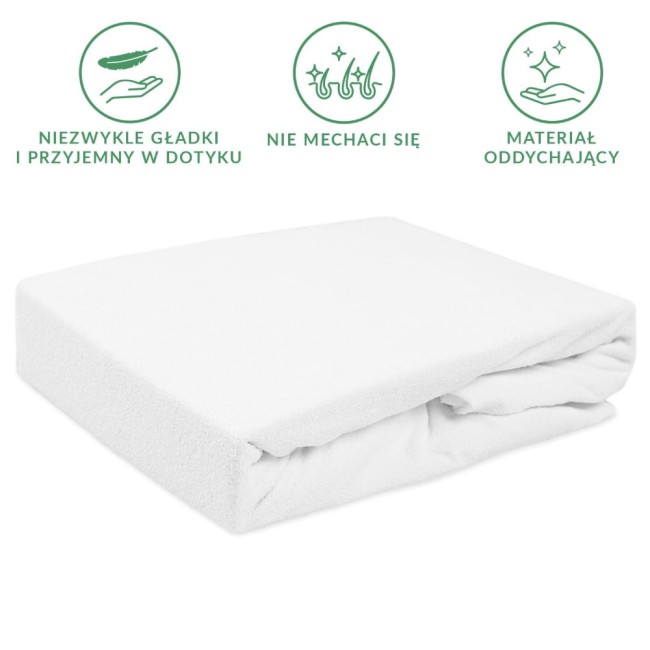 Prześcieradło frotte z gumką w kolorze białym, rozmiar 160x200 cm, leży w złożony sposób. Materiał jest teksturowany, miękki i elastyczny. Widoczne są gumki na rogach, które zapewniają stabilność. Tło zdjęcia jest jednolite, co podkreśla produkt.