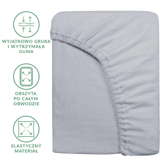 Prześcieradło frotte z gumką 160x200 w kolorze popielatym. Widoczne gładkie wykończenie, gruba gumka obszyta po całym obwodzie, elastyczny materiał. Produkt leżący na równym tle, zbliżenie na detal.
