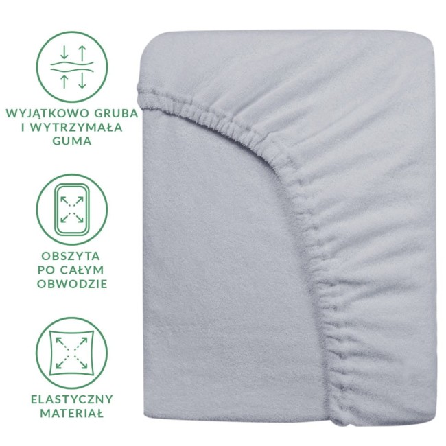 Prześcieradło frotte z gumką 180x200 w kolorze popielatym, leżące na płaskiej powierzchni. Produkt z elastycznego materiału, obszyty po całym obwodzie, z widoczną, mocną gumą. Tekstura miękka i przyjemna w dotyku. Idealne dla osób szukających komfortu.