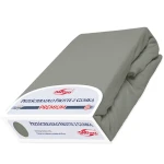 Prześcieradło frotte z gumką w kolorze szarym, rozmiar 180x200 cm, leżące w złożonej pozycji. Widoczna etykieta z nazwą produktu oraz logo DARYmex. Materiał teksturowany, prezentujący miękką fakturę. Tło jednolite, szare.