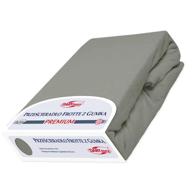 Prześcieradło frotte z gumką w kolorze szarym, rozmiar 180x200 cm, leżące w złożonej pozycji. Widoczna etykieta z nazwą produktu oraz logo DARYmex. Materiał teksturowany, prezentujący miękką fakturę. Tło jednolite, szare.