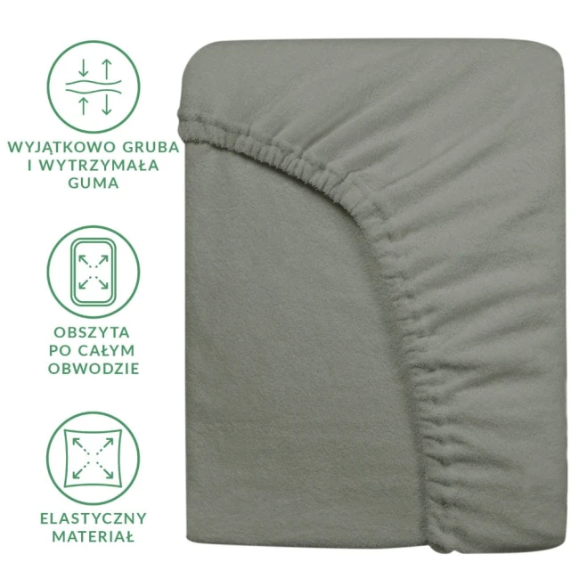 Prześcieradło frotte z gumką 200x220 w kolorze szarym, rozłożone, z widoczną elastyczną gumką obwodową. Struktura materiału i jego gładka faktura, bez napisów czy dekoracji, na jednolitym tle. Idealne do użytku na dużych łóżkach.