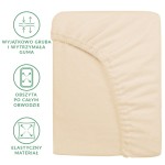 Prześcieradło frotte z gumką 160x200, jasny beż, z widoczną, elastyczną gumą na obwodzie. Produkt leżący na neutralnym tle. Widoczne napisy: wyjątkowo gruba i wytrzymała guma, obszyta po całym obwodzie, elastyczny materiał.