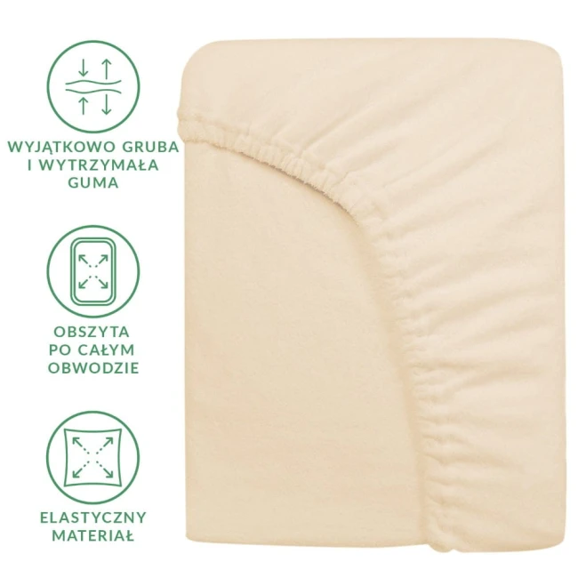 Prześcieradło frotte z gumką 160x200, jasny beż, z widoczną, elastyczną gumą na obwodzie. Produkt leżący na neutralnym tle. Widoczne napisy: wyjątkowo gruba i wytrzymała guma, obszyta po całym obwodzie, elastyczny materiał.