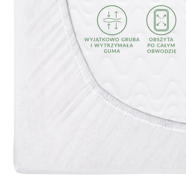 Prześcieradło jersey z gumką 180x200 w kolorze białym, widok z góry. Obszity brzeg z trwałą gumą wokół krawędzi, wyraźnie widoczne napisy na materiale: wyjątkowo gruba i wytrzymała guma oraz obszyta po całym obwodzie. Gładka faktura.