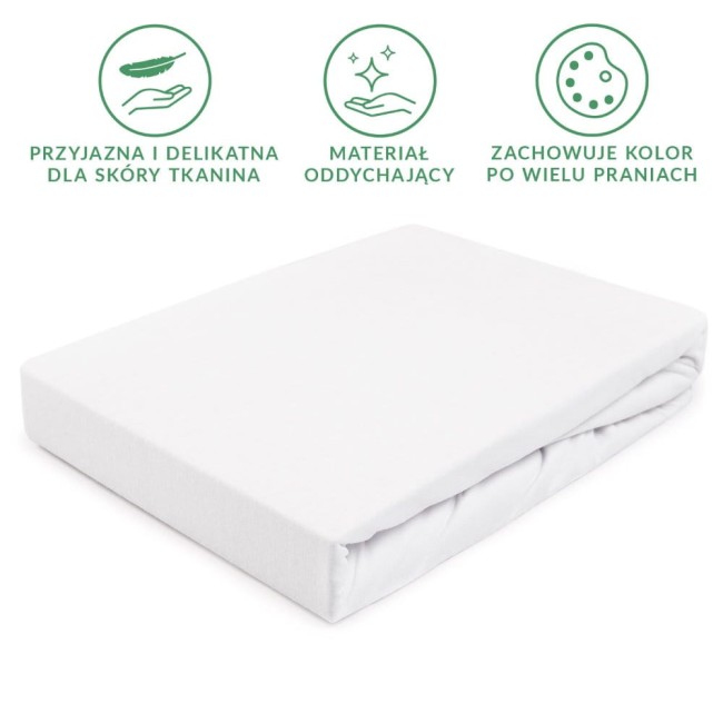 Prześcieradło jersey z gumką w kolorze białym o wymiarach 200x220 cm, leżące na białym tle. Widać jego gładką teksturę i elastyczne wykończenie z gumką, co umożliwia łatwe dopasowanie do materaca.