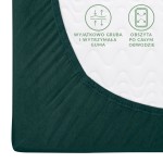 Prześcieradło jersey z gumką w kolorze zieleni butelkowej, rozmiar 90x200. Ujęcie z góry przedstawia detal gumki oraz fakturę materiału, gładką z widoczną obszytą krawędzią.