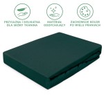 Prześcieradło jersey z gumką 160x200 w kolorze zieleni butelkowej, leżące na białym tle. Materiał delikatny dla skóry, oddychający, zachowujący kolor po wielu praniach. Złożone, z widoczną fakturą.