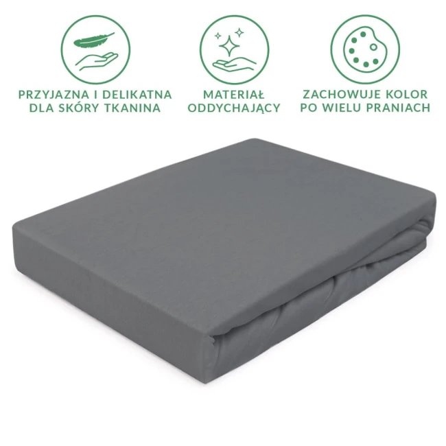 Szare prześcieradło jersey z gumką o wymiarach 200x220 cm, leżące na płasko. Materiał oddychający, przyjazny dla skóry, z zachowaniem koloru po wielu praniach. Brak widocznych napisów i dekoracji.