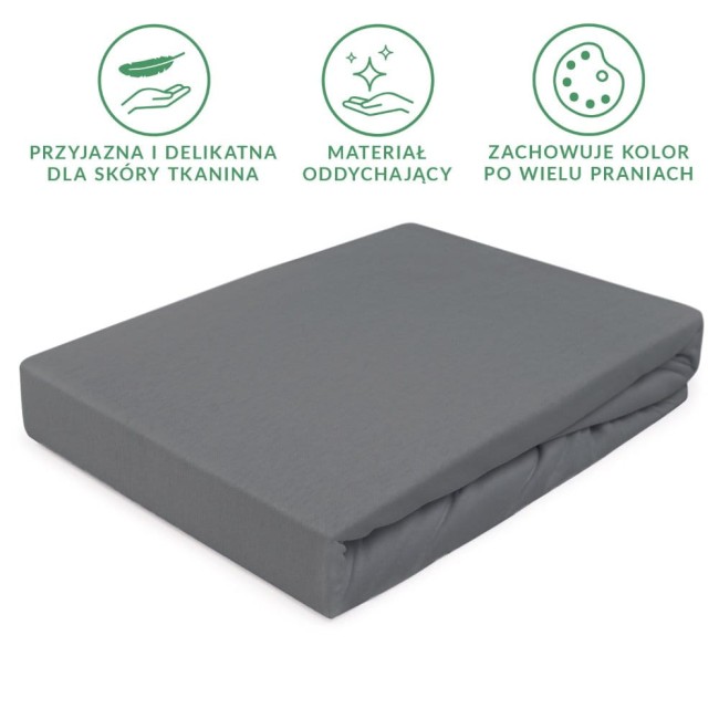 Prześcieradło jersey z gumką w kolorze szarym, wymiar 160x200 cm. Materiał oddychający, przyjazny dla skóry, zachowujący kolor po wielu praniach. Ułożone leżąco, z widoczną gumką na brzegach.