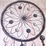 Pościel satyna bawełniana 220x200 w fioletowo-różowym kolorze z nadrukiem łapacza snów. Zbliżenie na detal łapacza z okręgami i czarnymi liniami. Tło z jasnymi, pastelowymi akcentami, tworzącymi delikatny efekt wizualny.