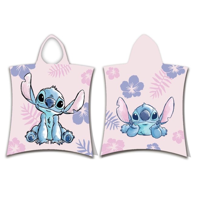 Ręcznik ponczo z kapturem 50x115 cm w jasnym różu, ozdobiony grafiką postaci Stitche’a z Lilo. Ponczo ma zaokrąglony kształt, z wycięciem na głowę, oraz kolorowe wzory w kwiaty na całej powierzchni.