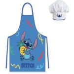 Fartuszek dziecięcy w kolorze niebieskim z motywem Lilo i Stitch, przedstawiający Stitcha trzymającego ananasa. W zestawie czapka szefa w białym kolorze z nadrukiem Stitcha. Fartuszek ma kolorowe wzory w kształcie fal.
