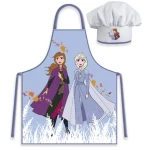 Fartuszek dziecięcy w kolorze błękitnym z grafiką postaci Anny i Elsy z Krainy Lodu, z białymi elementami i kwiatowymi wzorami. W zestawie biała czapka kucharska z logo postaci. Fartuszek ma regulowane paski.