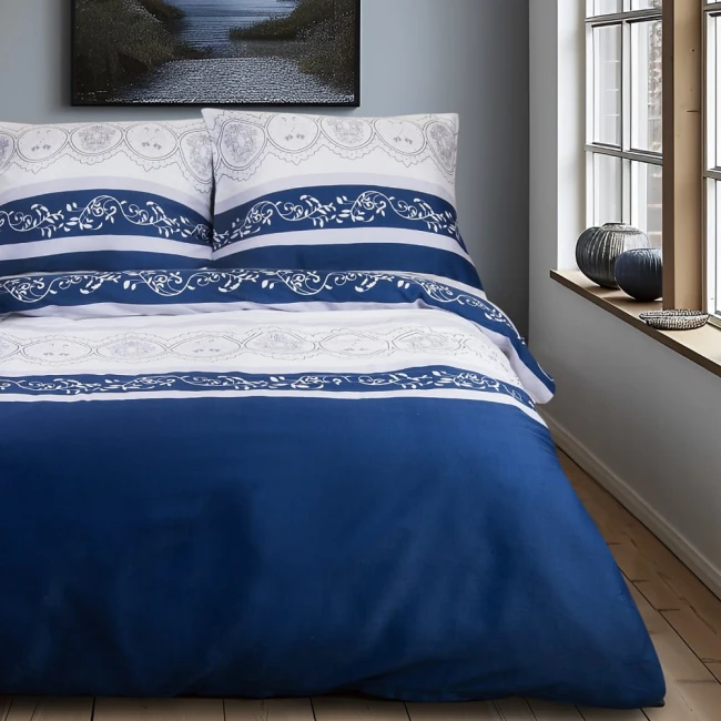  Elegancka delikatna pościel bawełniana satynowa 220x200 cm w granatowe i białe pasy w ornamenty 