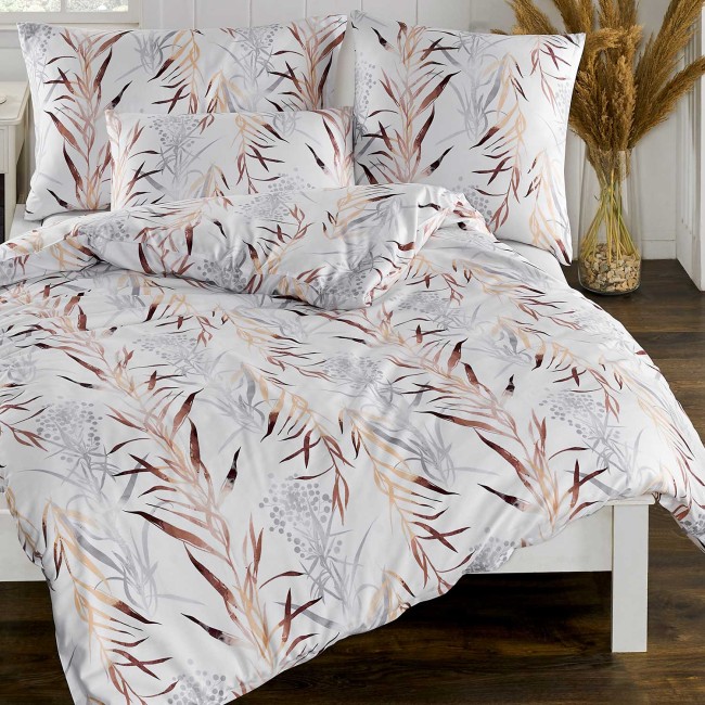  Elegancka biała pościel 200x220 z 100% bawełny o satynowym splocie w beżowo szare liście 