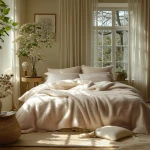 Beżowa pościel frotte 160x200, rozłożona na łóżku, w towarzystwie kilku poduszek. Światło wpada przez okno, oświetlając miękką fakturę materiału. Tło to przytulne wnętrze z roślinnymi dekoracjami i jasnymi firankami.