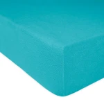 Prześcieradło frotte z gumką w kolorze turkusowym, rozmiar 120x200 cm. Produkt leży na płaskiej powierzchni z widoczną teksturą materiału oraz elastyczną krawędzią, idealne do wygodnego zakrycia materaca.