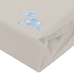 Ochronne prześcieradło z gumką 140x200 cm w kolorze popiel. Złożone, pokazane z boku z widocznymi kroplami wody na powierzchni. Gładka faktura materiału, bez widocznych napisów ani logo. Tło jasne, minimalistyczne.