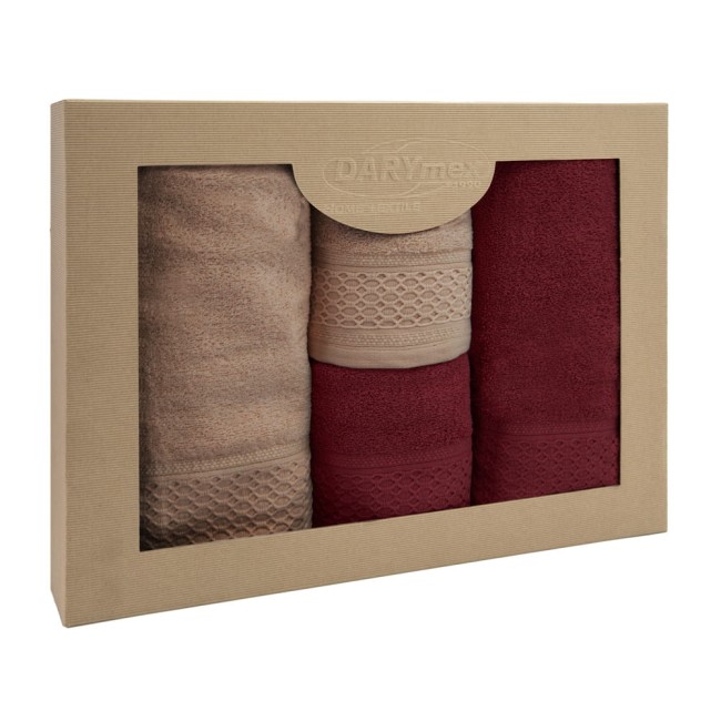  Elegancki, delikatny komplet ręczników bawełnianych beż i bordowy w eco opakowaniu 