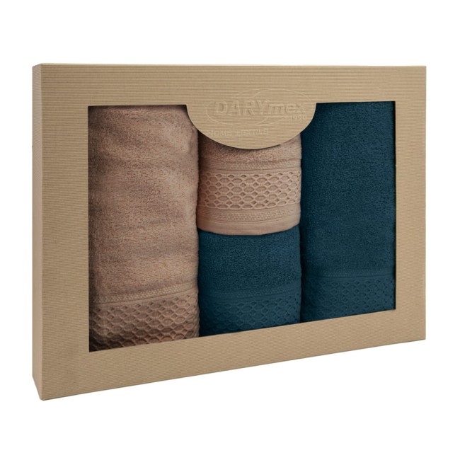  Elegancki, delikatny komplet ręczników bawełnianych beż i granat w eco opakowaniu 