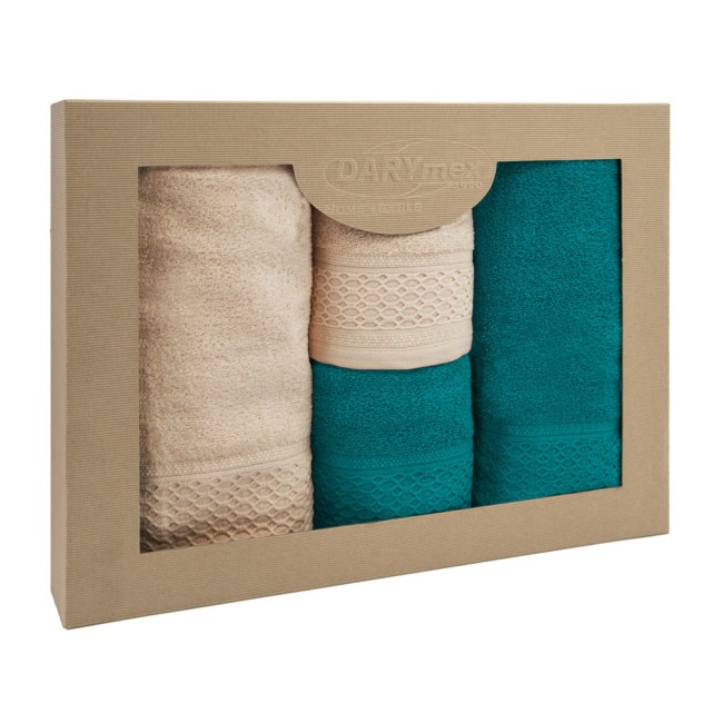  Elegancki, delikatny komplet ręczników bawełnianych cappuccino i ciemny turkus w eco opakowaniu 