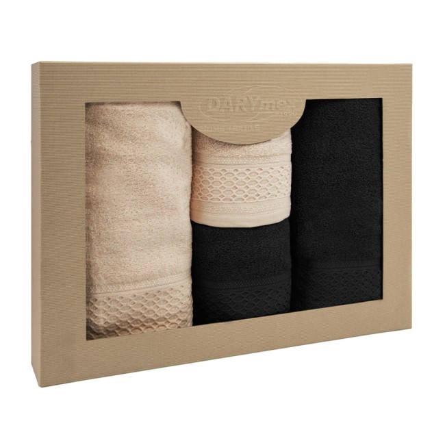  Elegancki, delikatny komplet ręczników bawełnianych cappuccino i czarny w eco opakowaniu 