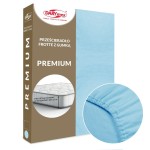 Prześcieradło frotte z gumką 200x220 cm w kolorze niebieskim, z widoczną fakturą materiału. Opakowanie przedstawia produkt ustawiony w pozycji pionowej, a w okrągłym detalu pokazano elastyczny brzeg, który dopasowuje się do materaca o wysokości do 25 cm.