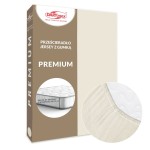 Prześcieradło jersey z gumką w kolorze ecru, rozmiar 160x200 cm, umieszczone w prostokątnym opakowaniu z logo DARYmex. Na opakowaniu widoczna jest informacje, że pasuje na materac o wysokości do 25 cm, a zbliżenie pokazuje fakturę materiału.