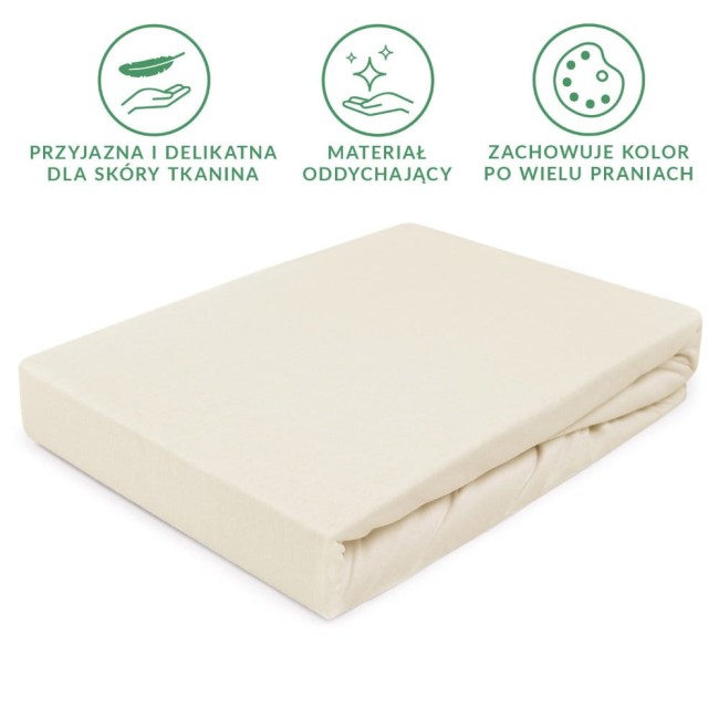 Prześcieradło jersey z gumką w kolorze ecru, rozmiar 160x200. Ułożone leżąco, z widocznymi krawędziami i elastycznym wykończeniem. Materiał oddychający, przyjazny dla skóry. Tło jasne, uniemożliwiające odwrócenie uwagi od produktu.