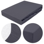 Prześcieradło jersey z gumką 140x200 w kolorze ciemnym szarym, leżące na białym tle. W widoku obiektowym widać gładką fakturę materiału oraz gumkę zabezpieczającą. Dodatkowo w zbliżeniu widoczny detal szwów na brzegu prześcieradła.