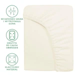Prześcieradło frotte z gumką 200x220 w kolorze ecru. Produkt leżący na białym tle, z widoczną elastyczną gumą obszytą po całym obwodzie.