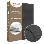 Prześcieradło frotte z gumką 160x200 w ciemnoszarym kolorze. Ujęcie frontalne pokazuje produkt w opakowaniu. Widzimy detal gumki na krawędzi oraz informację, że pasuje na materac o wysokości do 25 cm. Tło jasne, neutralne.