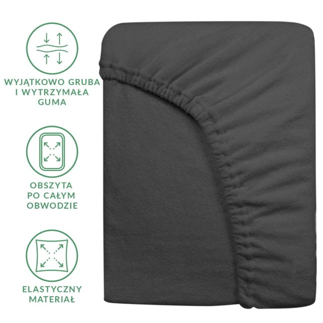 Prześcieradło frotte z gumką 140x200 w kolorze ciemnego szarego, leżące na białym tle. Produkt ma elastyczny materiał z obszyciem po całym obwodzie oraz wyjątkowo grubą i wytrzymałą gumę, co zapewnia stabilność na materacu.