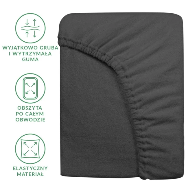 Prześcieradło frotte z gumką 180x200 w kolorze ciemnoszarym, leżące na jednolitym tle. Widać elastyczny materiał oraz grubą, wytrzymałą gumę obwodową. Zbliżenie na frędzle gumy, podkreślające dopasowanie. Brak widocznych napisów lub logo.