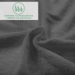Prześcieradło frotte z gumką w ciemnoszarym kolorze, o wymiarach 200x220 cm. Zbliżenie na miękką, teksturowaną powierzchnię materiału, z widocznymi fałdami. Na tle umieszczona informacja o odporności na przecieranie i rwanie się materiału.