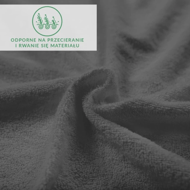 Prześcieradło frotte z gumką w ciemnoszarym kolorze, o wymiarach 200x220 cm. Zbliżenie na miękką, teksturowaną powierzchnię materiału, z widocznymi fałdami. Na tle umieszczona informacja o odporności na przecieranie i rwanie się materiału.